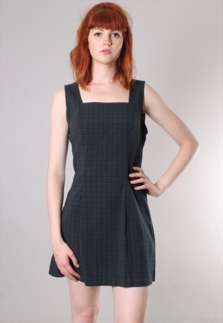 VINTAGE 80S CHECK SQUARE NECK MINI SHIFT DRESS