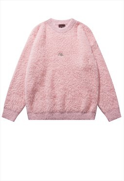 Fluffy sweater fleece jumper retro raver top in pink