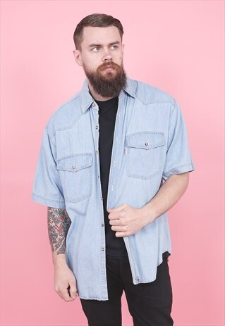 VINTAGE SHORT SLEEVED BLUE DENIM SHIRT /R14124