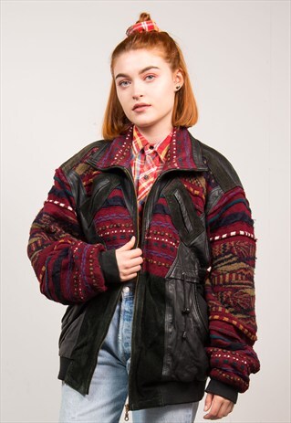 VINTAGE RED AZTEC PATTERN LEATHER SUEDE WINTER JACKET COAT