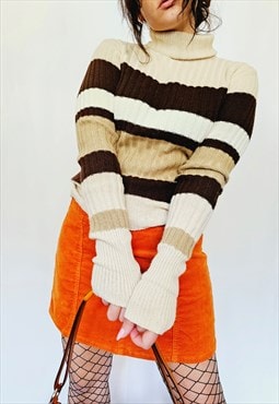 90s vintage brown minimalist striped knit turtleneck sweater