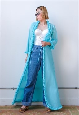 Vintage 70s Blue Ruffled Dressing Gown Robe Lingerie Nightwa