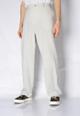VINTAGE 90S BEIGE STRIPED LIGHTWEIGHT WOOL BLEND PANTS
