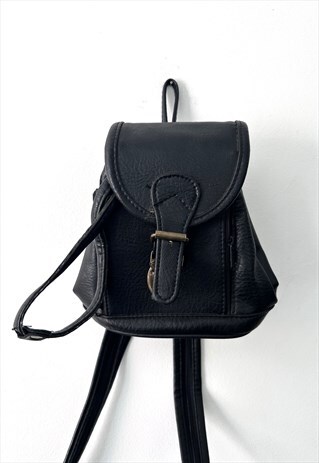 90s Mini Eco Leather Black Drawstring Backpack Rucksack