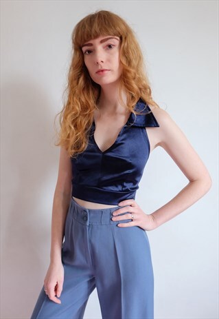 VINTAGE 70S BLUE SATIN HALTER NECK CROP TOP