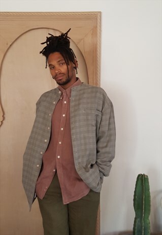 90S LUXURY ROUND COLLAR SILK FEEL BLEND PLAID SHIRT LARGE