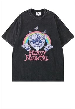 Cat print t-shirt grunge rainbow tee punk top in acid black