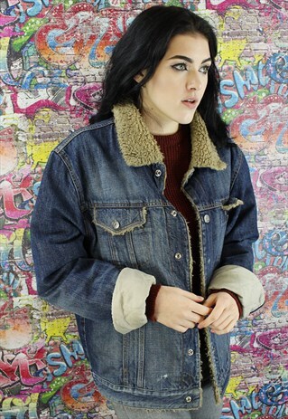 VINTAGE 80S DARK BLUE SHERPA LINED DENIM JACKET. UNISEX.