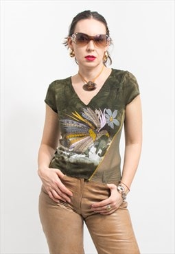 Y2K printed top mesh short sleeve blouse women S/M