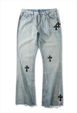 Blue Crosses embroidered Denim jeans pants trousers Y2k