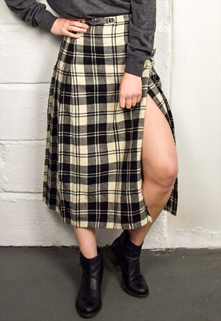 VINTAGE 70S CHECK KILT MIDI SKIRT