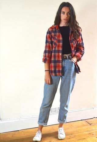 90S VINTAGE RED CHECKED WOOL FLANNEL