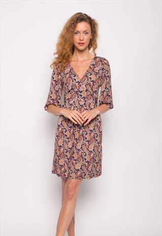 PAISLEY PRINTED KIMONO SLEEVES WRAP DRESS