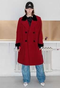 90's Vintage retro double-breasted wool coat in red & black