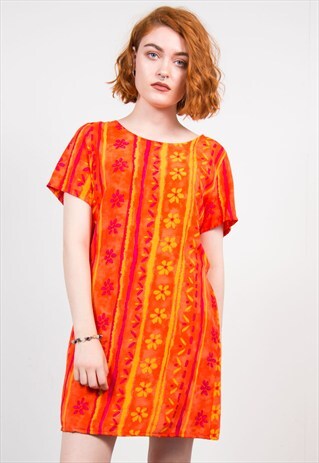 VINTAGE BRIGHT ORANGE HIPPIE FLORAL DRESS