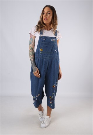 VINTAGE DENIM DUNGAREES SHORT WIDE LEG UK 16 XL (C1N)