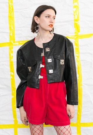 VINTAGE 80S BLACK SHORT FAUX LEATHER JACKET