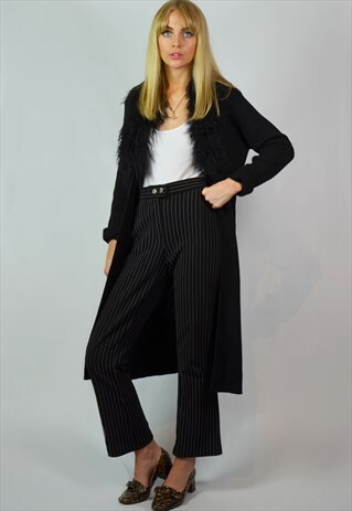 VINTAGE 90S GRUNGE LONG BLACK KNITTED & FAUX FUR CARDIGAN