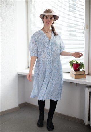 VINTAGE 80'S BLUE/WHITE PATTERNED MIDI DRESS