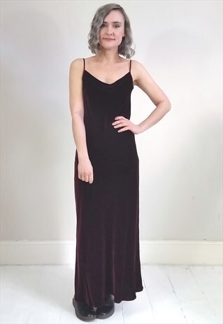 VINTAGE 90'S DARK MAROON VELVET COWL NECK STRAP MAXI DRESS