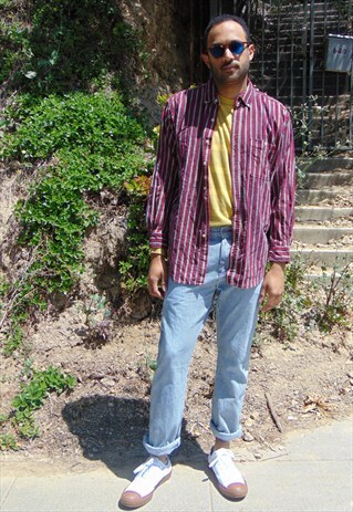 90S PREPPY SKATER VERTICAL STRIPE CORDUROY OXFORD SHIRT