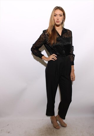 VINTAGE 1980'S 80'S BLACK SATIN BURNOUT JUMPSUIT ROMPER M-L