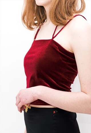 VINTAGE Y2K CUTE VELVET CROP TOP IN MAROON RED