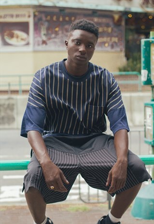 DEMOS NAVY STRIPED PRINT OVERSIZED COTTON MESH TEE