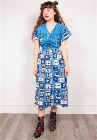 VINTAGE 90'S DENIM DAISY PATTERN MIDI DRESS