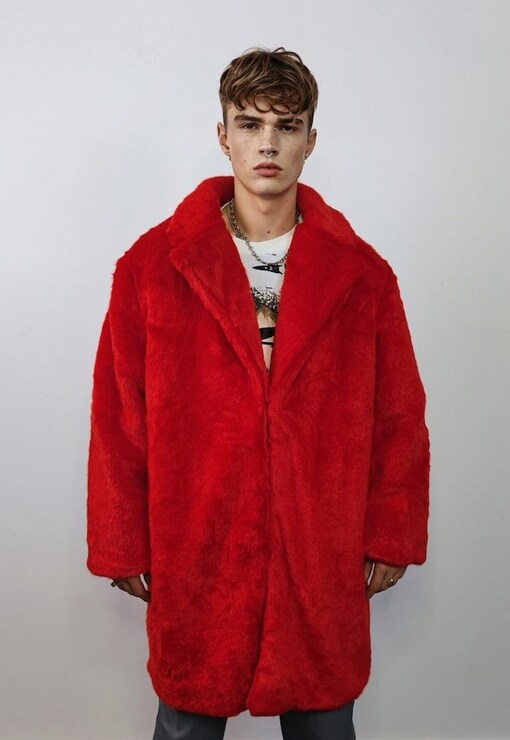 Men's Fashion Red Faux Fur Coat 