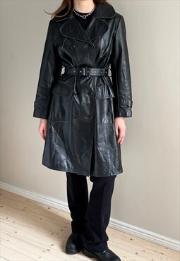 Vintage 1970's Black Leather Trench Coat