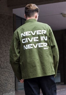 Army Green Slogan Cotton shirt Cargo jacket 
