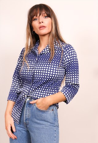 VINTAGE 70S ABSTRACT CHECK PRINT BLOUSE