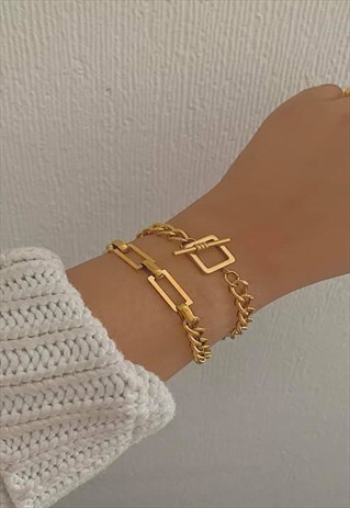 GRECIAN. GOLD 2 PIECE T-BAR TOGGLE MIXED CHAIN BRACELET SET