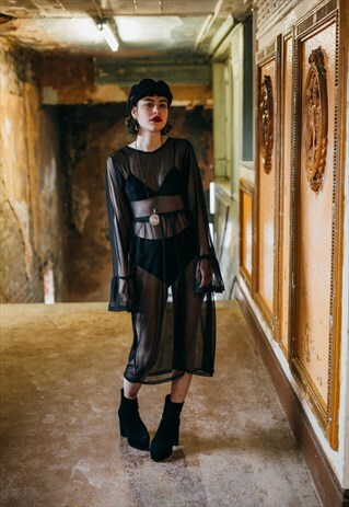 SHEER FLARED SLEEVE SLOUCH DRESS
