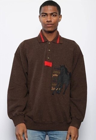 VINTAGE ICEBERG CARTOON BUTTON UP POLO NECK JUMPER BROWN