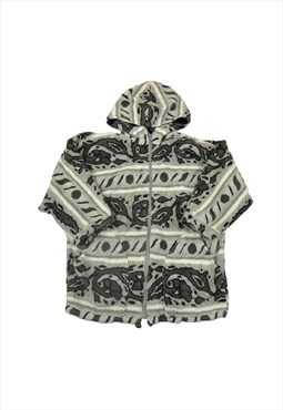 Vintage Fleece Hooded Jacket Retro Pattern Grey Medium