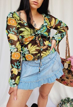Y2K 00s brown colorful minimalist floral mesh V neck top
