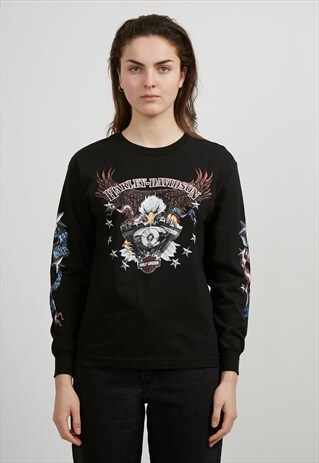 VINTAGE BLACK HARLEY DAVIDSON ROUND NECK LONG SLEEVE TOP