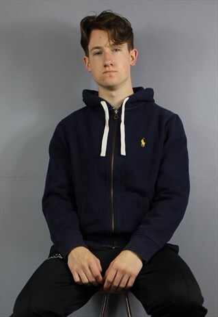 VINTAGE POLO RALPH LAUREN HOODIE IN NAVY BLUE WITH EMBROIDER