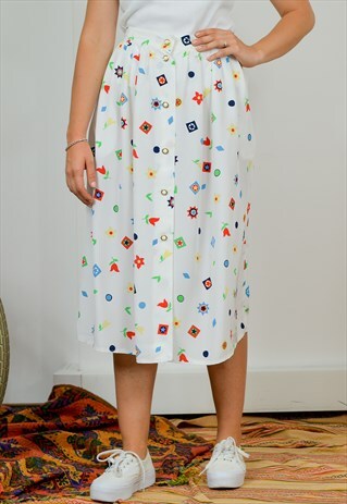 RETRO SKIRT 80S WHITE W33 VINTAGE PLEATED PRINTED XXL