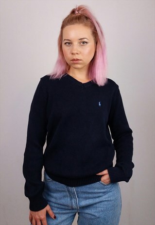 VINTAGE 90'S RALPH LAUREN V-NECK COTTON KNIT JUMPER IN NAVY