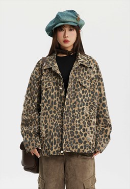 Leopard denim jacket ripped animal jean bomber cheetah coat