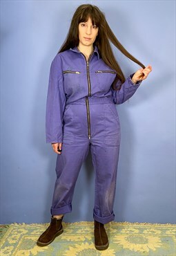 VINTAGE 90's Purple Full Length Zip Up Boiler Suit - M/L