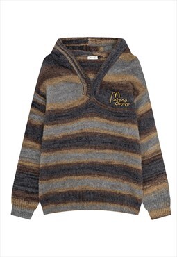 Knitted stripe hoodie zigzag hooded jumper in brown grey 