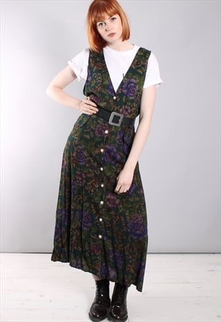 VINTAGE 80S FLORAL PATTERNED BUTTON PINAFORE MAXI DRESS