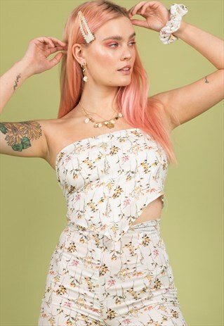 WHITE DITZY FLORAL SCRAF TOP BANDANA STYLE WITH TIE BACK