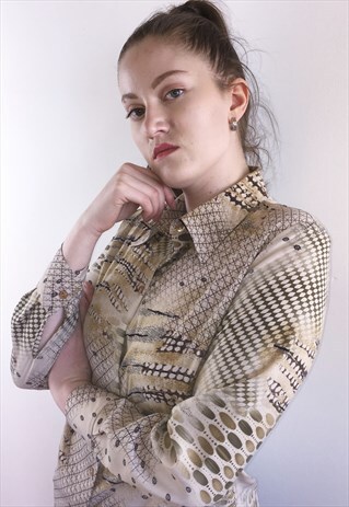 WOMENS VINTAGE 80S BLOUSE FAUX SNAKESKIN ANIMAL PRINT TOP
