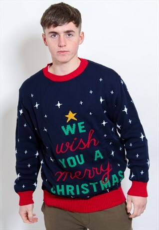 VINTAGE WE WISH YOU A MERRY CHRISTMAS JUMPER IN BLUE
