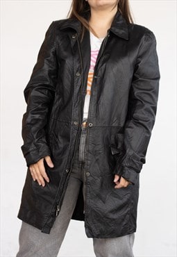 Vintage  Leather Jacket 80s long in Black L
